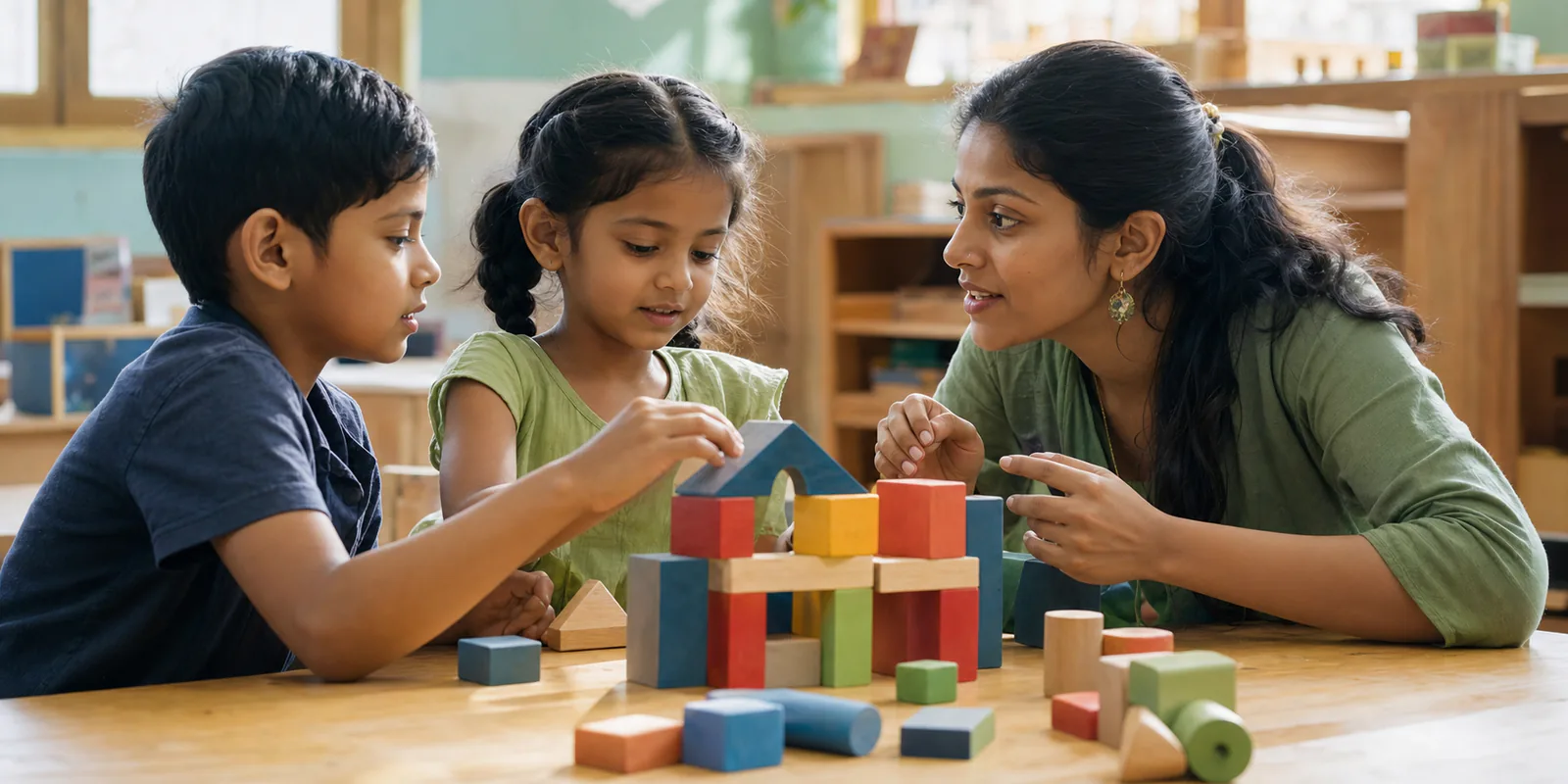 An ISL teacher building with blocks alongside two young children